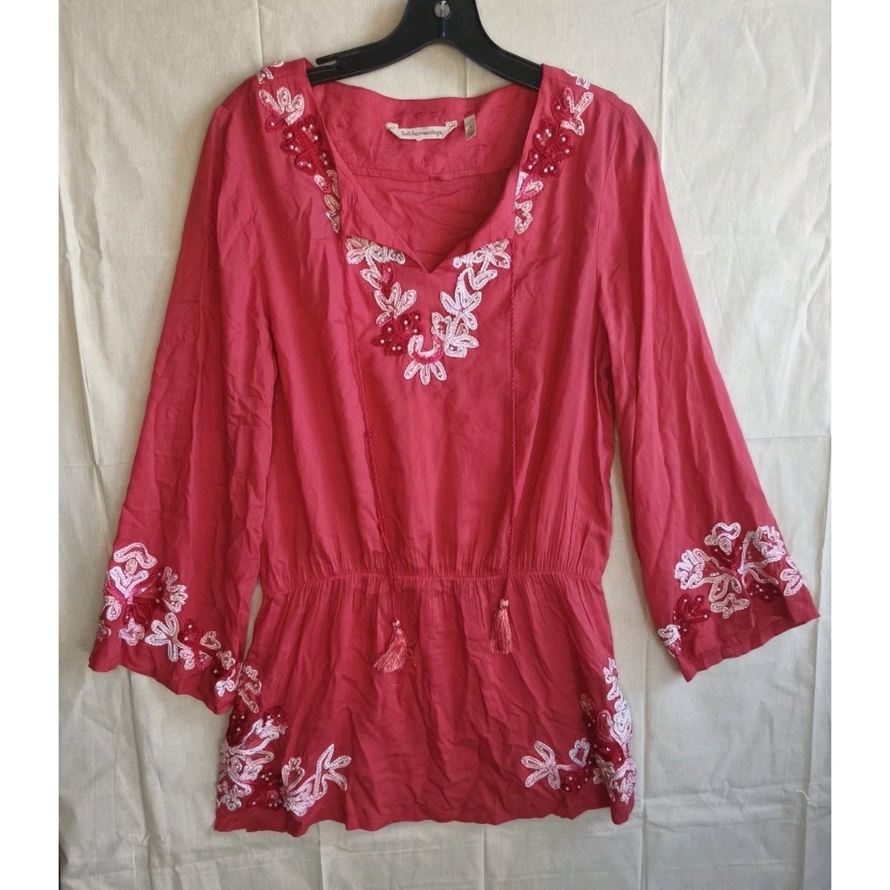 Soft Surrounding Floral Crush Beaded Embroidered Boho Tunic‎ Embellished Top SM
